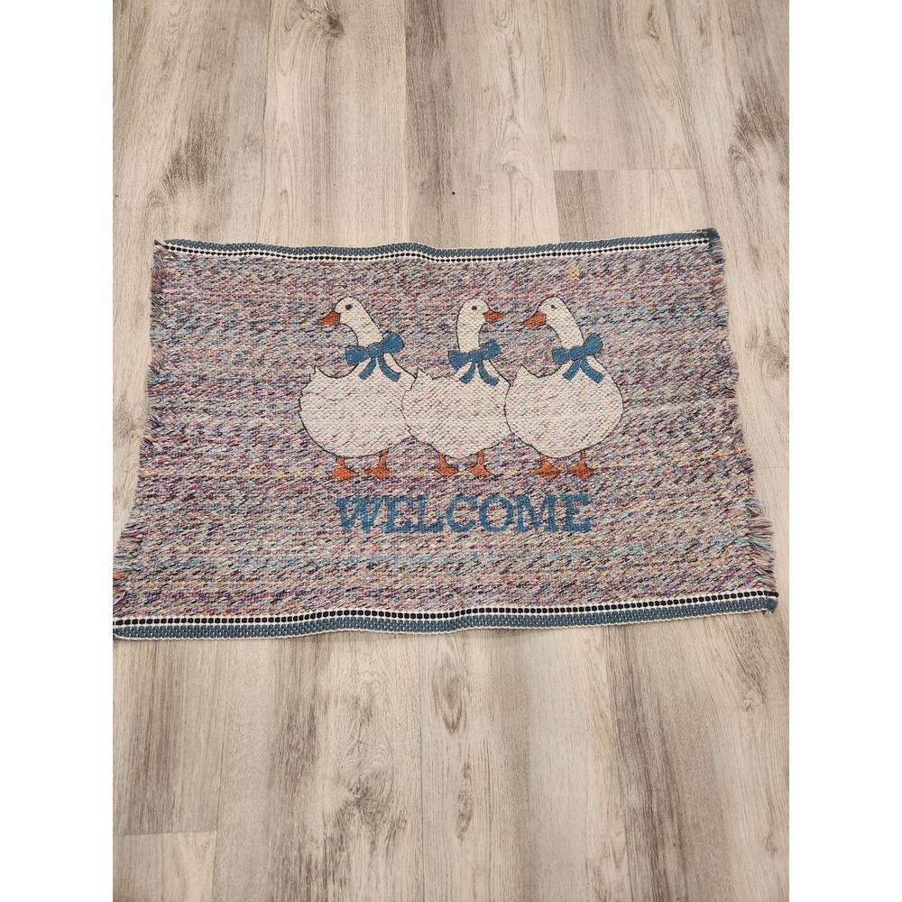Vtg. Geese Blue Bow Welcome 80's Rug Woven Door Mat 32 x 21 Cottagecore  Country